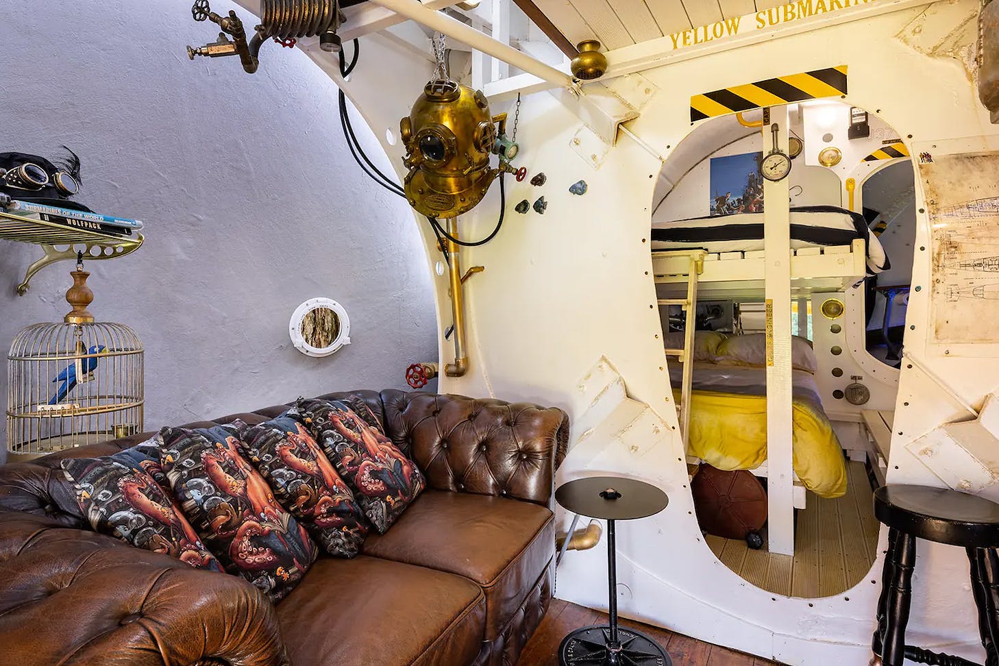 The interior of the yellow submarine shows cool themed furniture.